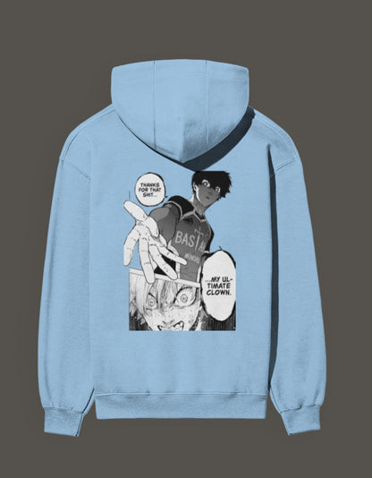 Light blue ultimate clown anime hoodie featuring a vibrant graphic print of characters