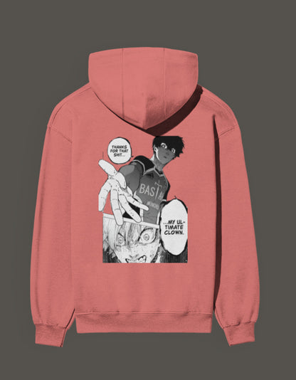 Ultimate clown anime hoodie featuring a vibrant graphic print on a pink background