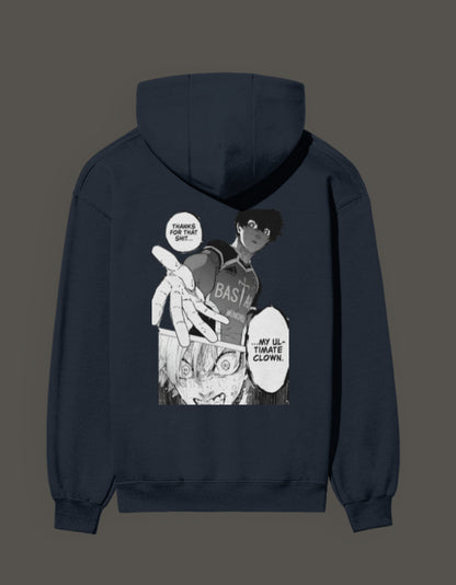 Back view of ultimate clown anime hoodie featuring graphic of a character with speech bubbles