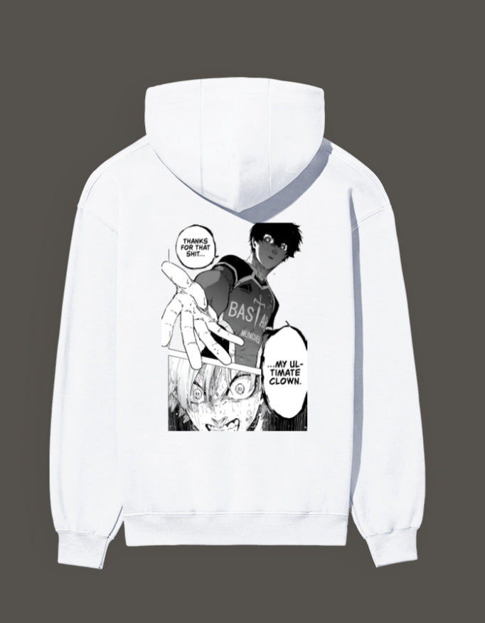 White ultimate clown anime hoodie featuring a striking graphic design with iconic characters