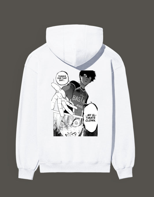 White ultimate clown anime hoodie featuring a striking graphic design with iconic characters