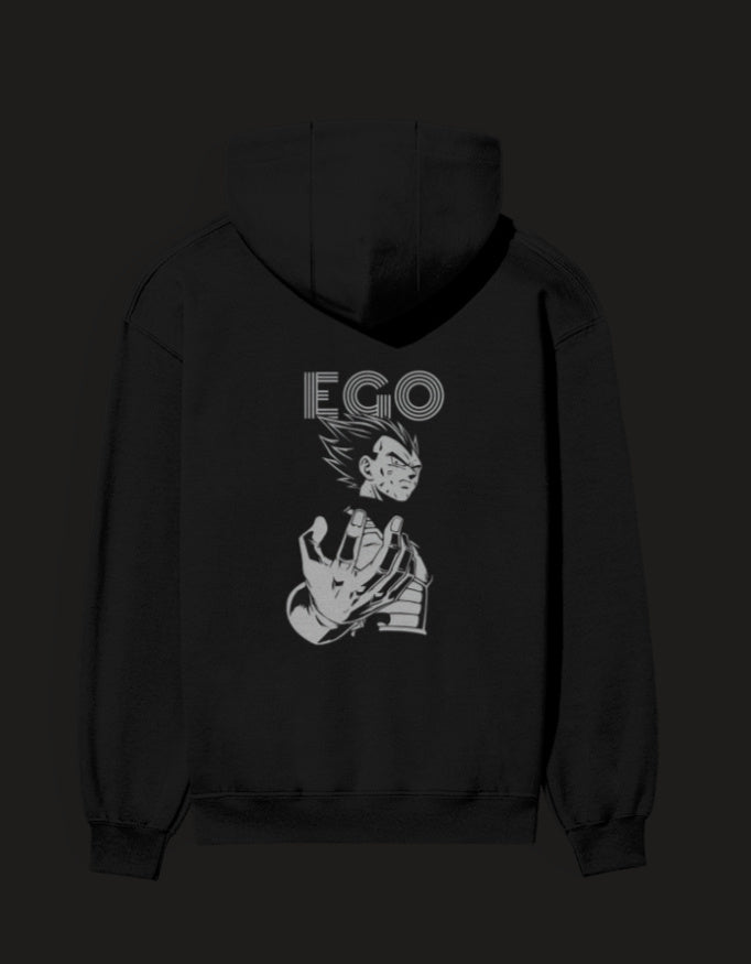 Black ULTRA EGO HOODIE featuring a stylish graphic design of a character on the back