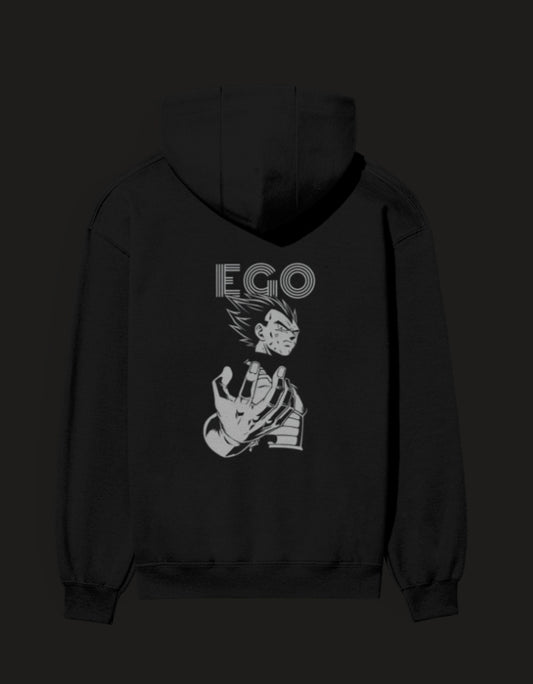 Black ULTRA EGO HOODIE featuring a stylish graphic design of a character on the back