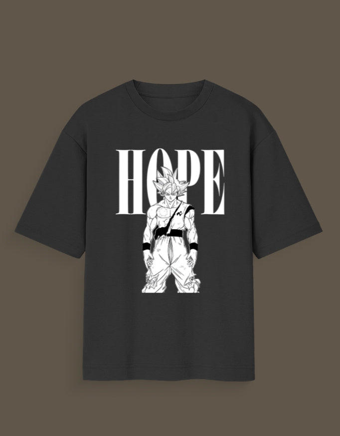 Black ultra instinct anime t-shirt with white HOPE text and character graphic on front