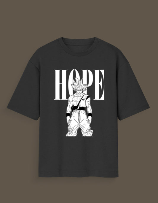 Black ultra instinct anime t-shirt with white HOPE text and character graphic on front