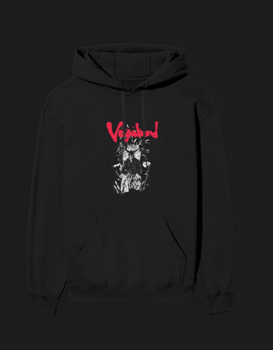 Vagabond anime hoodie in black featuring bold red graphic print on front for anime fans