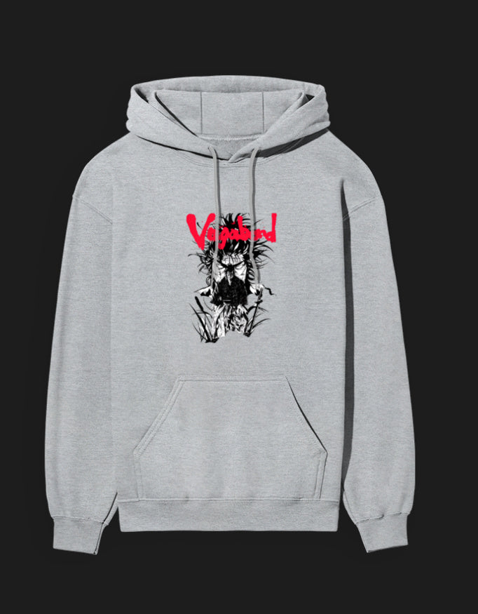 Gray Vagabond anime hoodie featuring striking graphic design and front pocket for comfort
