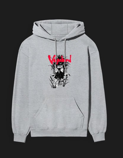 Gray Vagabond anime hoodie featuring striking graphic design and front pocket for comfort