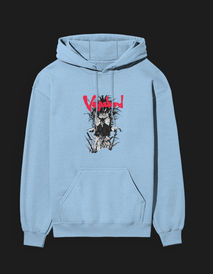 Light blue Vagabond anime hoodie featuring striking graphic design on the front