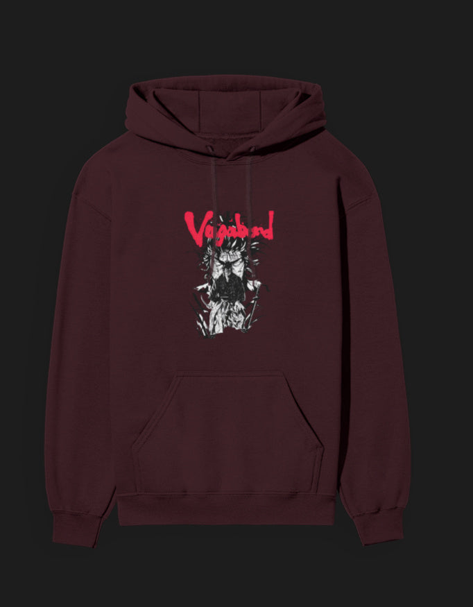 Maroon Vagabond anime hoodie featuring a striking graphic design and front pocket