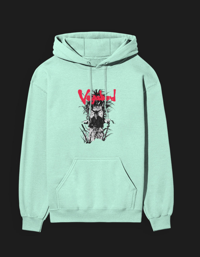 Vagabond anime hoodie in mint green featuring a striking graphic design