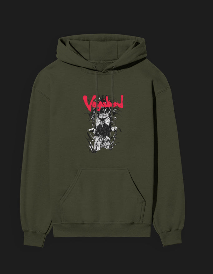 Vagabond anime hoodie featuring a striking graphic design on a dark green background