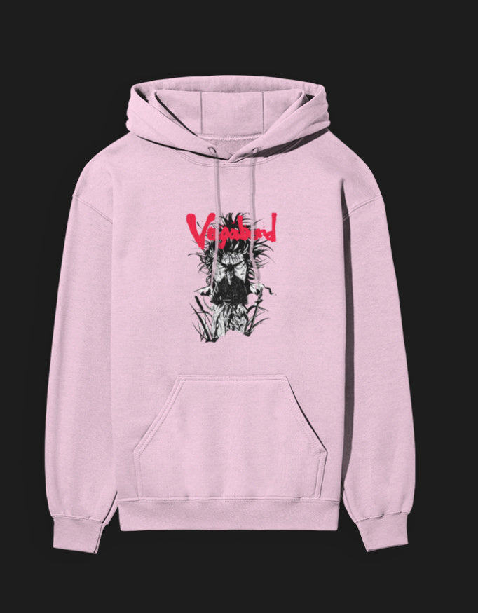 Vagabond anime hoodie in pink with an artistic graphic design for anime fans