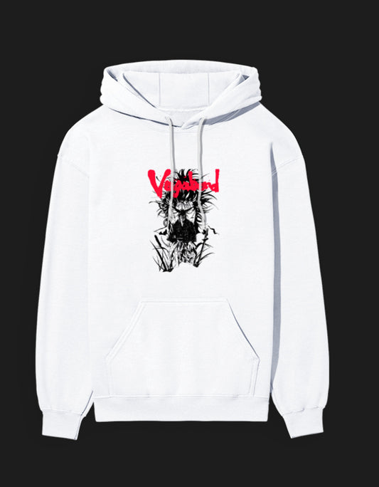 Vagabond anime hoodie in white featuring a striking graphic design on the front