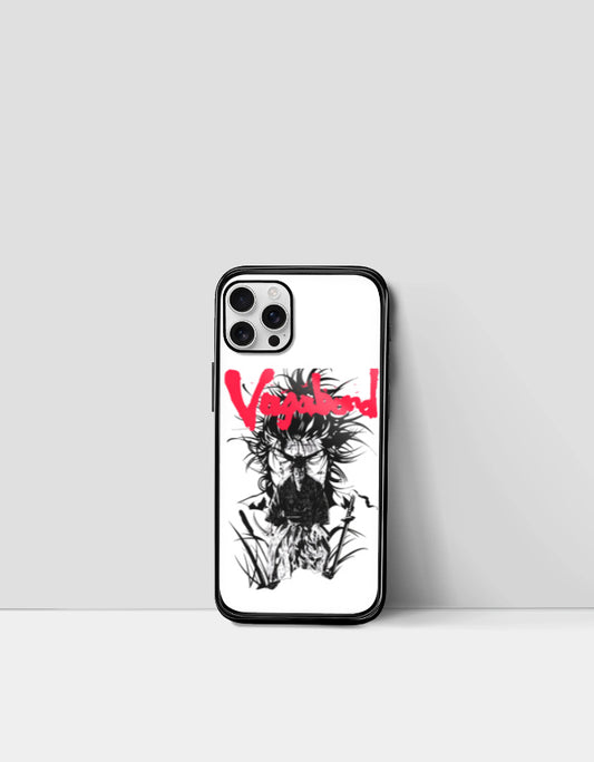 Vagabond anime iPhone case featuring black and white samurai illustration with red Vagabond text