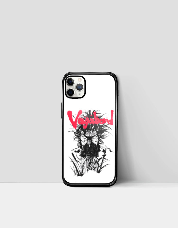 Vagabond anime iPhone case with black and white samurai design and red Vagabond logo