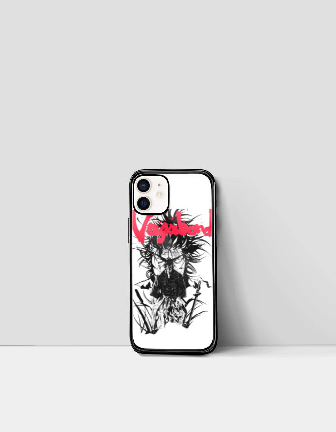 Vagabond anime iPhone case featuring black and white samurai artwork with red text design