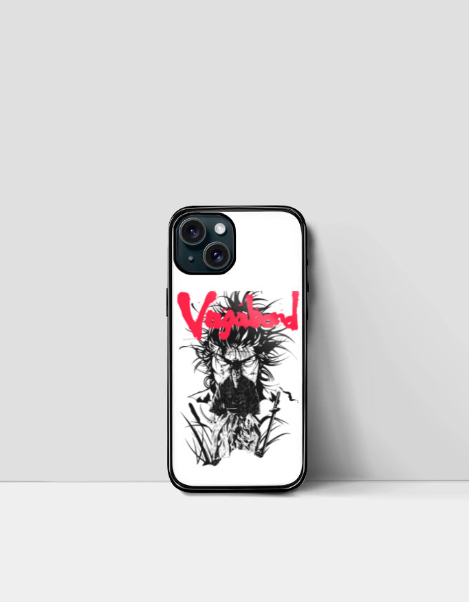 Vagabond anime iPhone case featuring black and white samurai illustration with red text