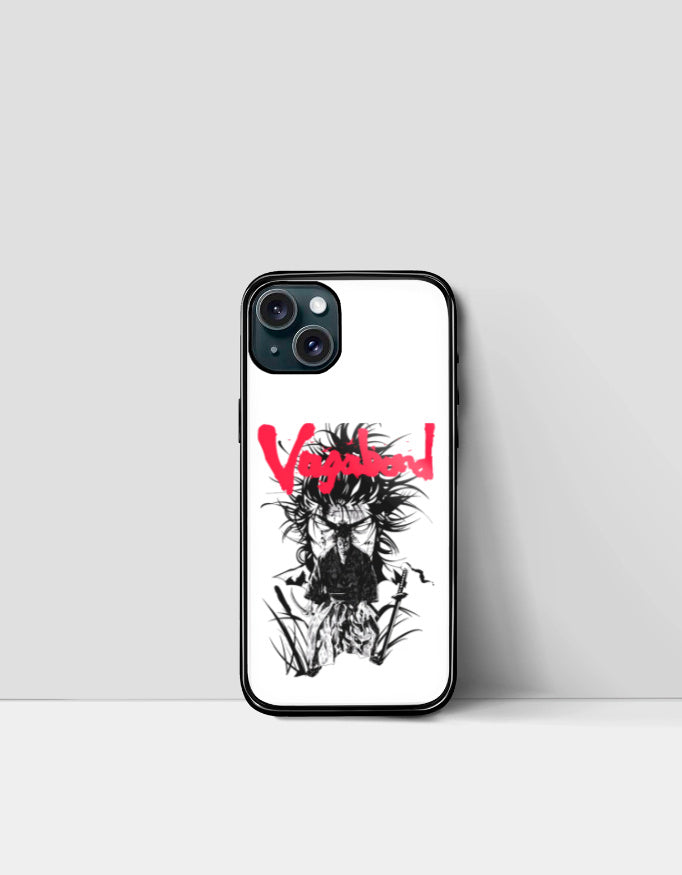 Vagabond anime iPhone case featuring black and white manga artwork with red Vagabond text