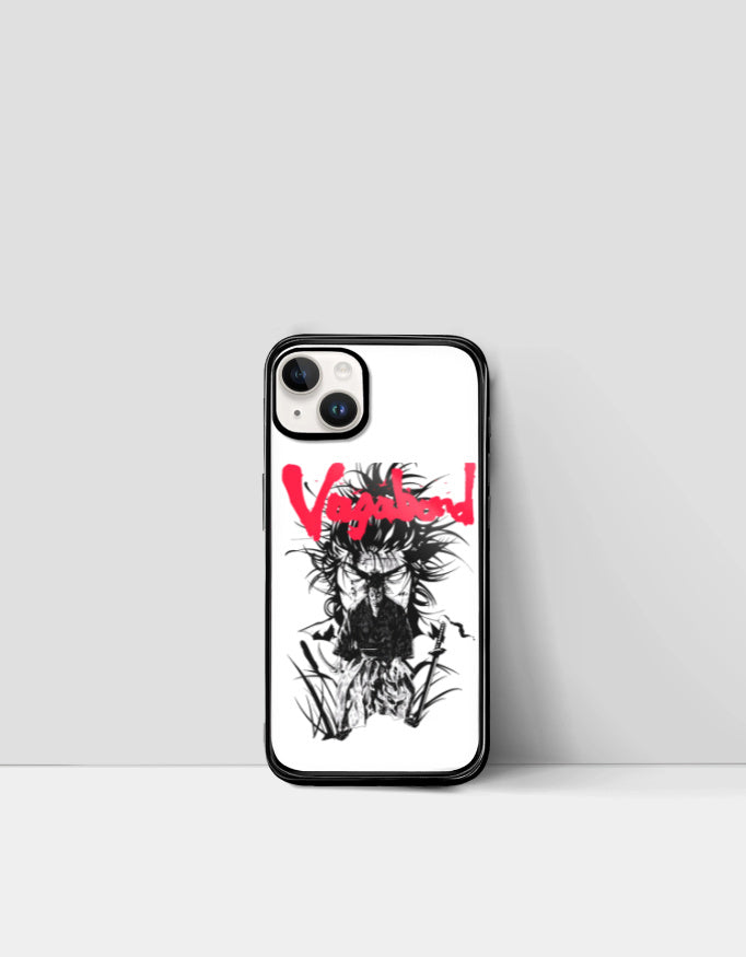 Vagabond anime iPhone case featuring black and white samurai artwork with bold red text