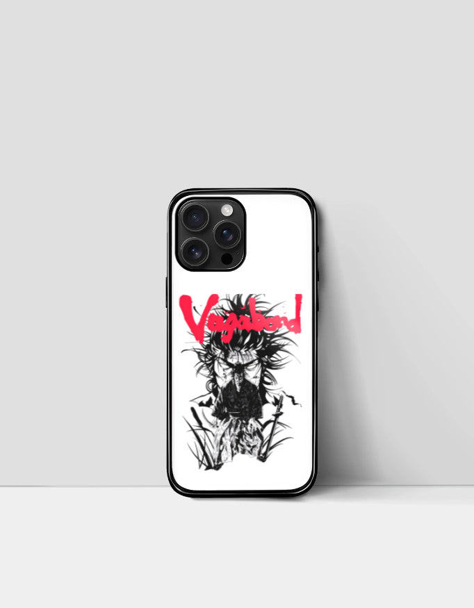 Vagabond anime iPhone case with black and white samurai design and red text on white background