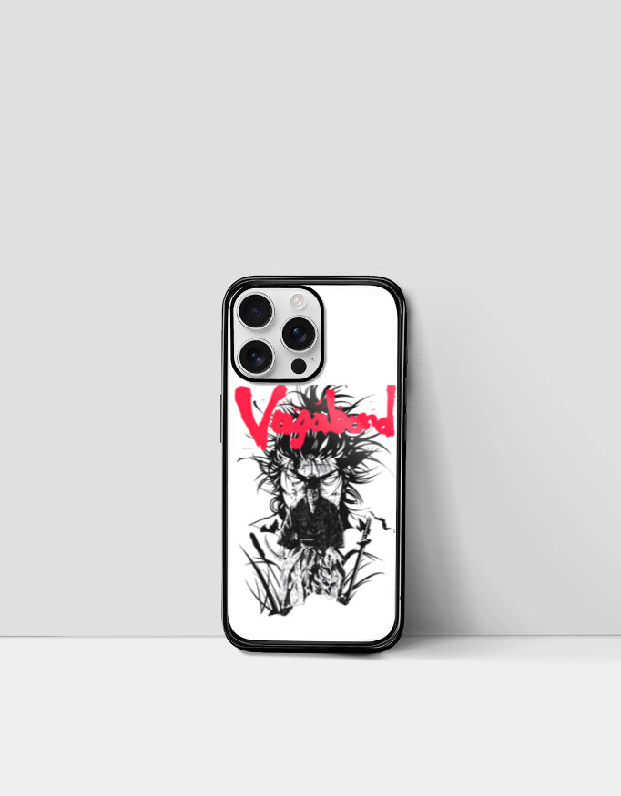 Vagabond anime iPhone case featuring black and white samurai design with red Vagabond text