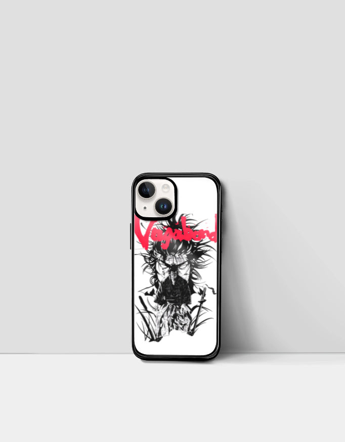 Vagabond anime iPhone case with black and white samurai artwork and red Vagabond text