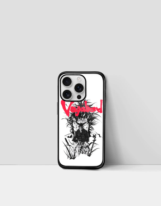 Vagabond anime iPhone case with black and white samurai sketch and red Vagabond text
