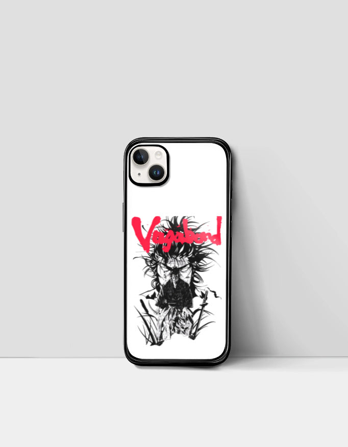 Vagabond anime iPhone case with black and white samurai illustration and red text design