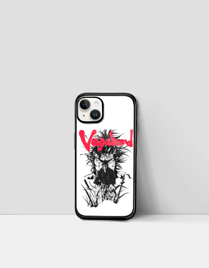 Vagabond anime iPhone case with black and white samurai illustration and red Vagabond text