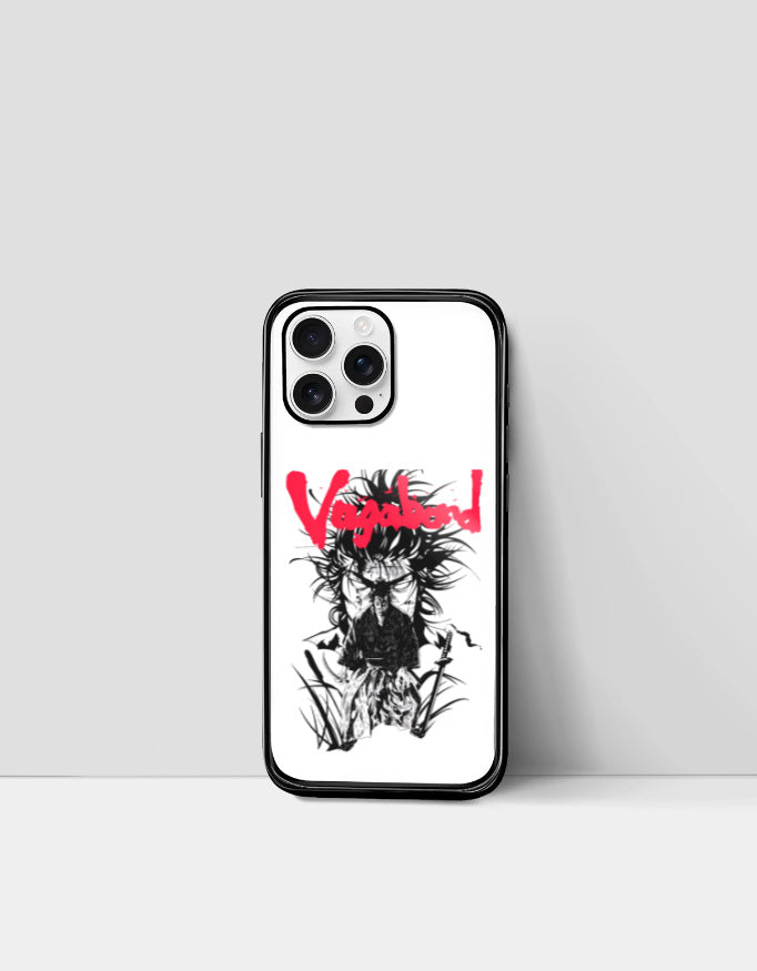 Vagabond anime iPhone case with black and white samurai illustration and red lettering