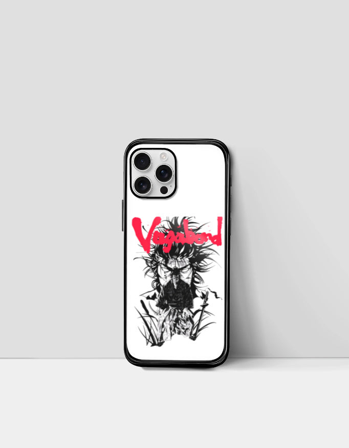 Vagabond anime iPhone case with black and white samurai art and red Vagabond text design