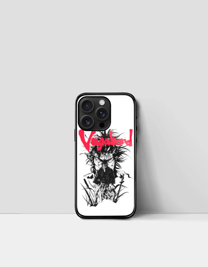 Vagabond anime iPhone case featuring black and white samurai art with red Vagabond text