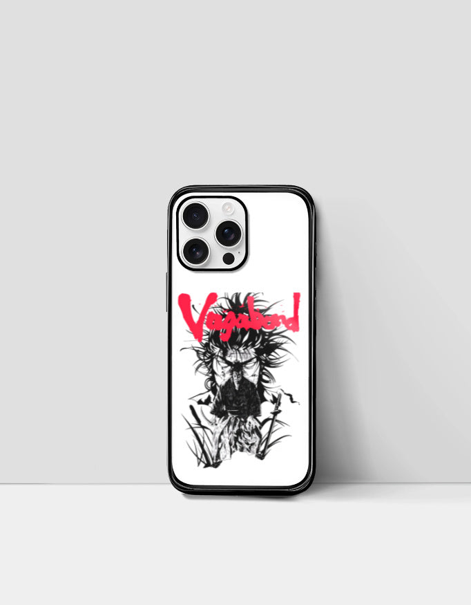 Vagabond anime iPhone case featuring black and white sketch with red Vagabond text