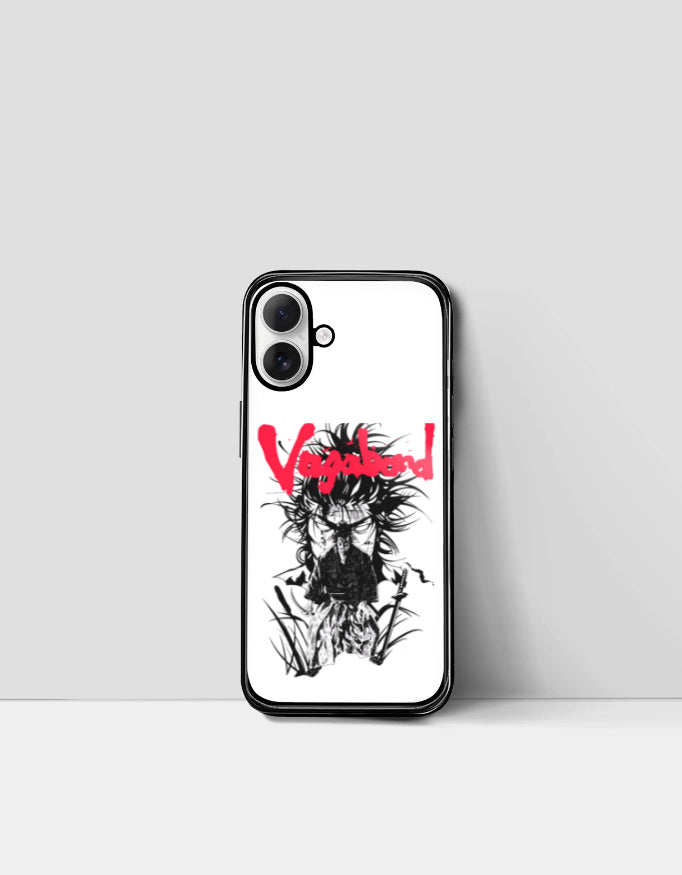 Vagabond anime iPhone case featuring black and white sketch design with red Vagabond text