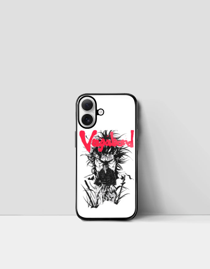 Vagabond anime iPhone case featuring black and white samurai artwork with red Vagabond text