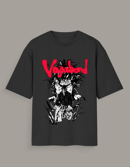 Black Vagabond manga graphic shirt with intense black and white character art and red Vagabond text