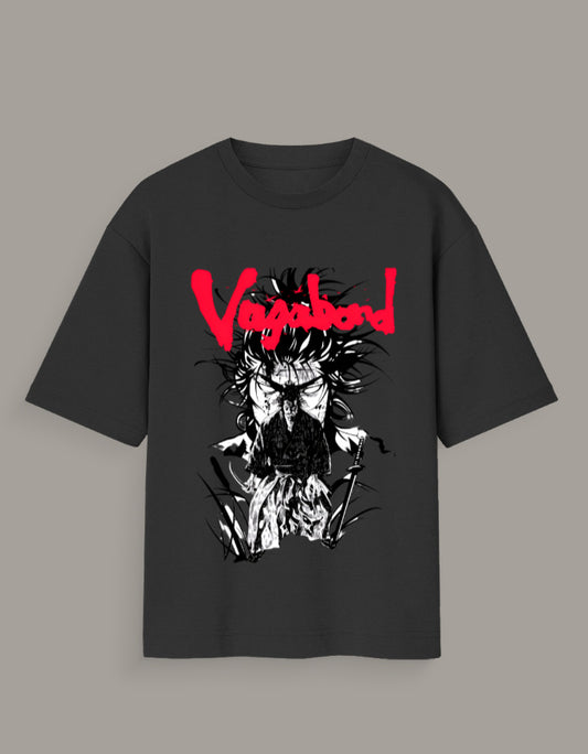 Black Vagabond manga graphic shirt with intense black and white character art and red Vagabond text