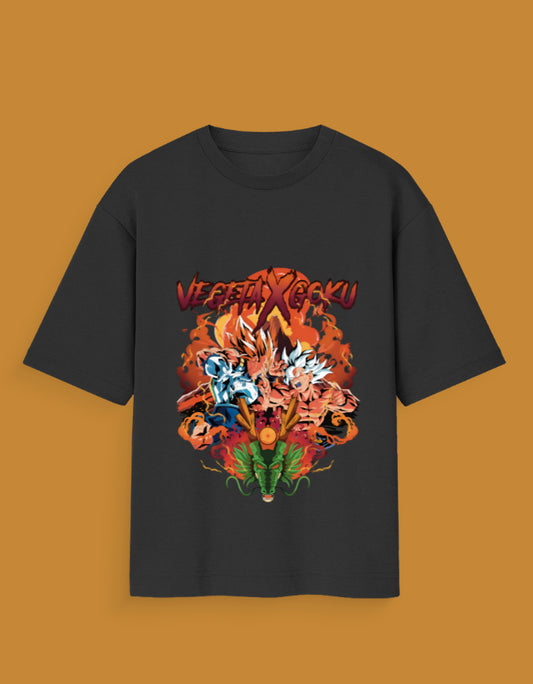 Black Vegeta Goku limited edition t-shirt with vibrant anime characters and fiery design