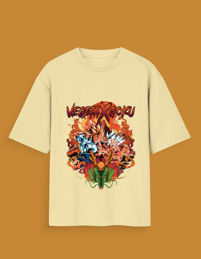Beige Vegeta Goku limited edition t-shirt with vibrant anime characters and fiery design