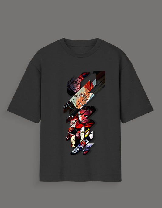 Black Sukuna oversized t-shirt featuring colorful anime character collage graphic on front
