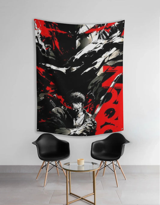 berserk anime tapestry showing Guts wielding Dragonslayer sword in black red art hung on wall above two modern chairs