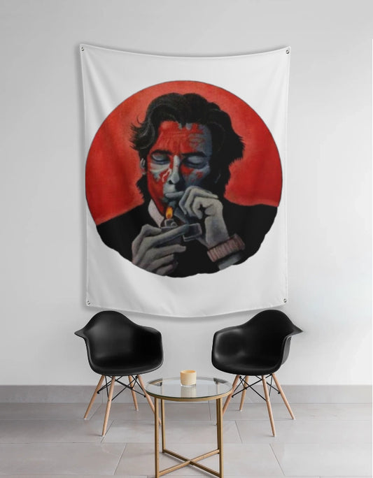 psychopath anime tapestry of stylized red faced man lighting a cigarette with red circle background hanging above chairs