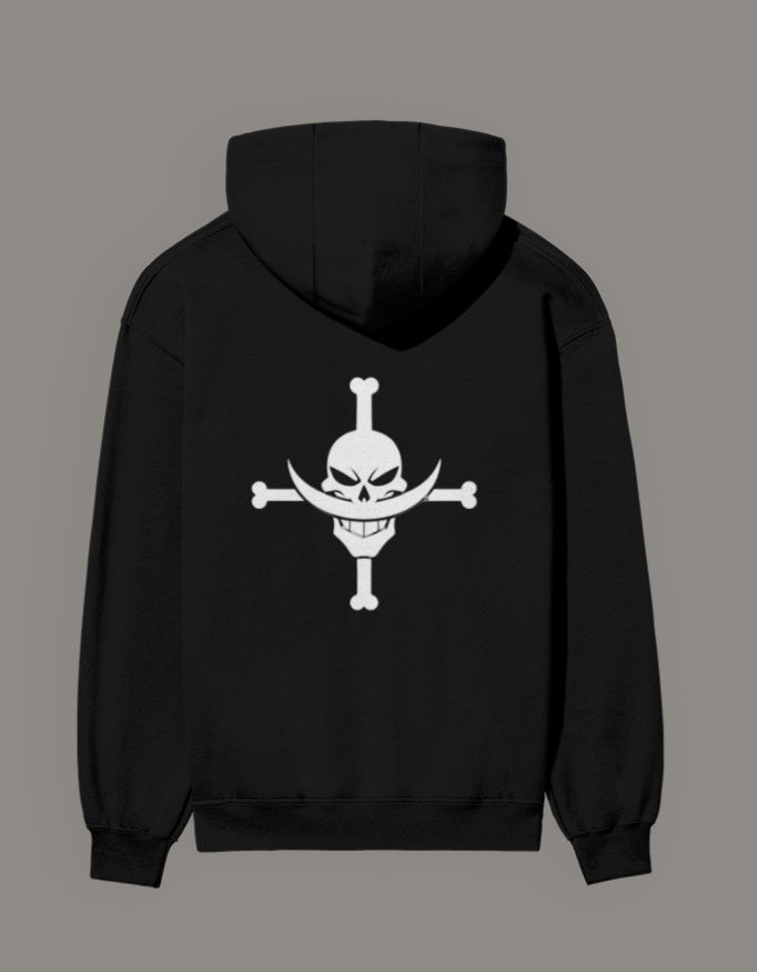 Black hoodie featuring Whitebeard emblem from One Piece for anime fans and fashion enthusiasts