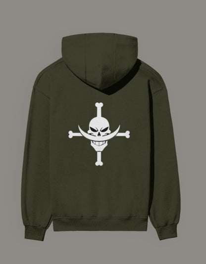 Olive green hoodie featuring the Whitebeard hoodie One Piece design with skull and crossbones graphic
