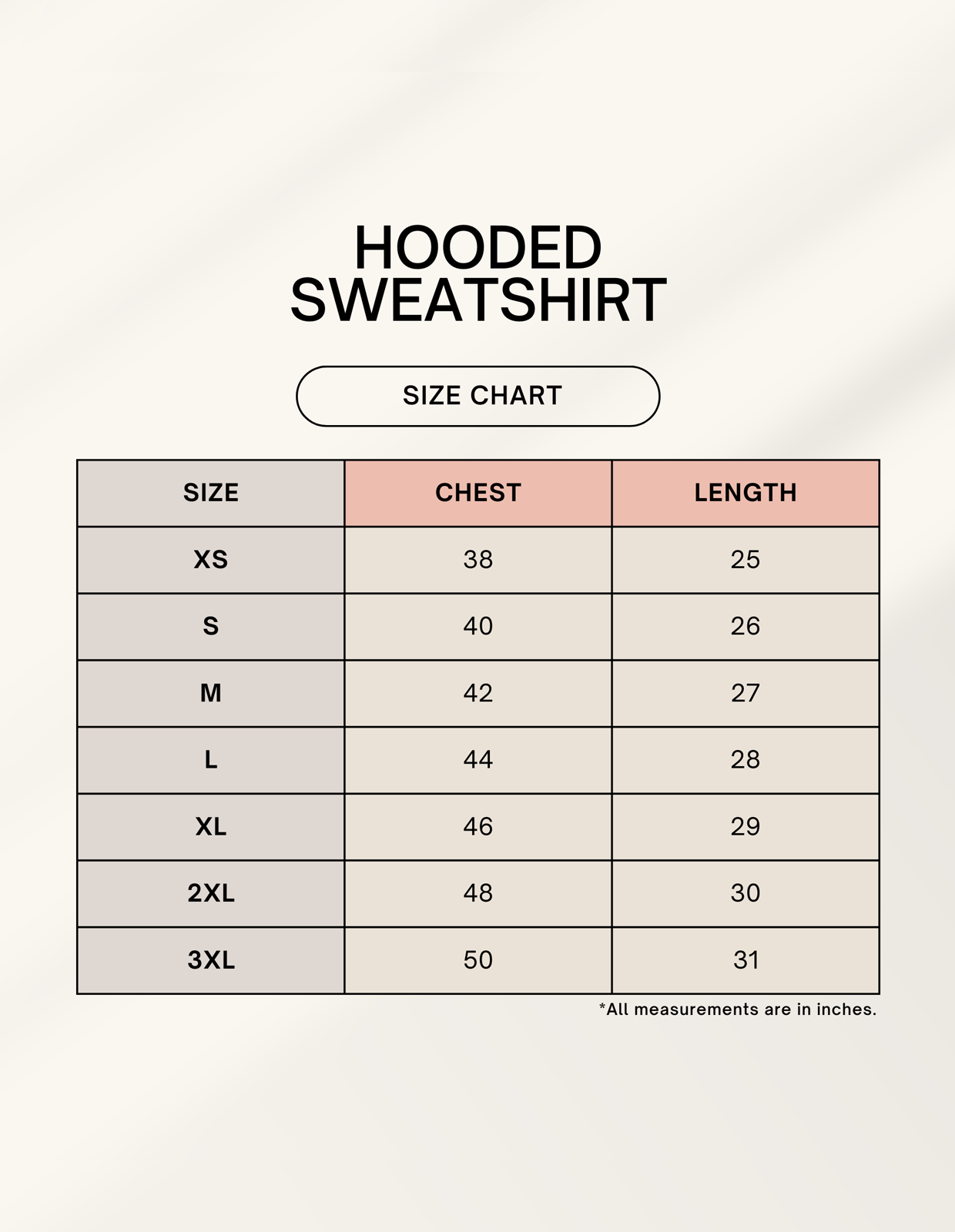 Size chart for Whitebeard hoodie One Piece with measurements for XS to 3XL
