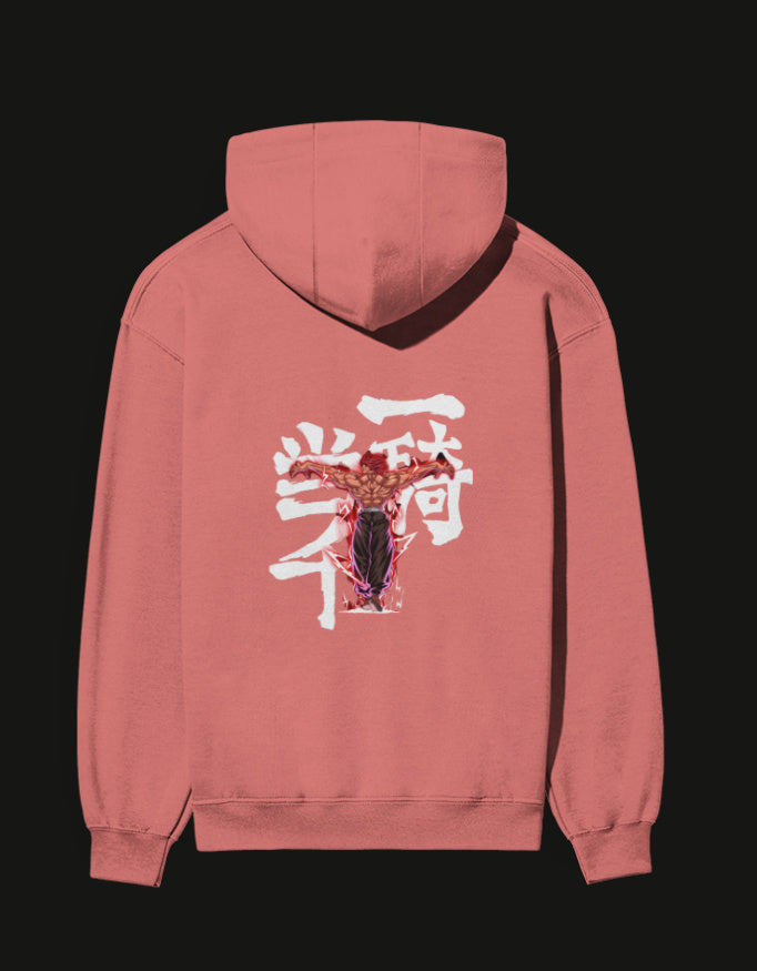 Pink Yujiro Hanma hoodie featuring a unique graphic design on the back
