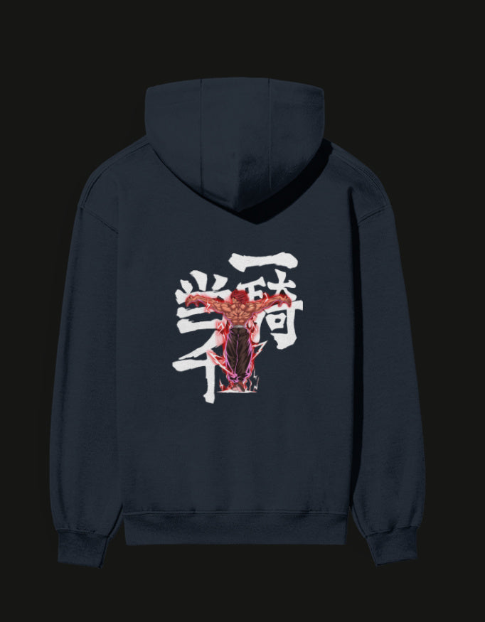 Yujiro Hanma hoodie featuring bold graphic design on a navy background for anime enthusiasts