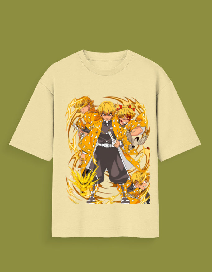 Beige Zenitsu t-shirt India featuring dynamic multiple poses of Zenitsu Agatsuma from Demon Slayer