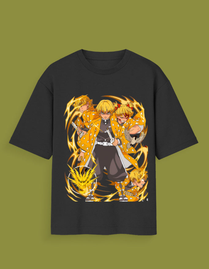 Black Zenitsu t-shirt India featuring multiple dynamic poses of the anime character with lightning effects